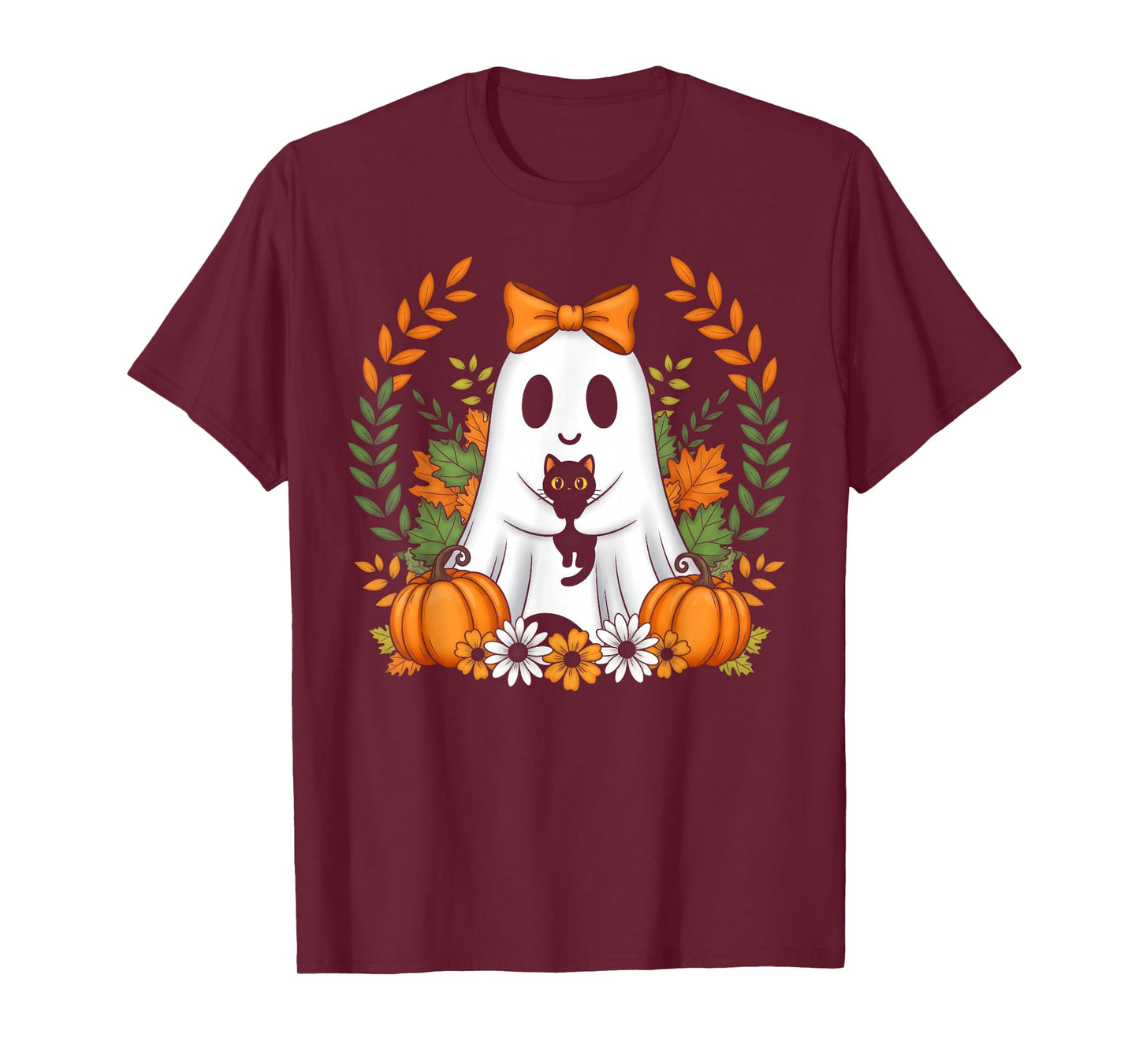 Vintage Halloween Ghost Holding Black Cat Groovy Floral T-Shirt