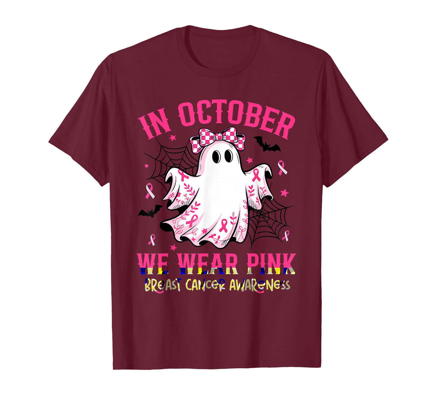 in October We Wear Pink Ghost Witch Breast Cancer Awareness T-Shirt