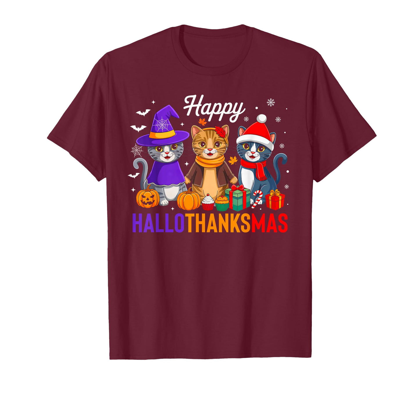 Happy Hallothanksmas Cat Halloween Thanksgiving Christmas T-Shirt