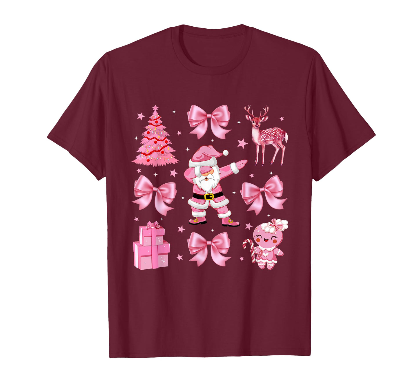 Cute Coquette Bow Pink Christmas Tree Santa Gingerbread Xmas T-Shirt