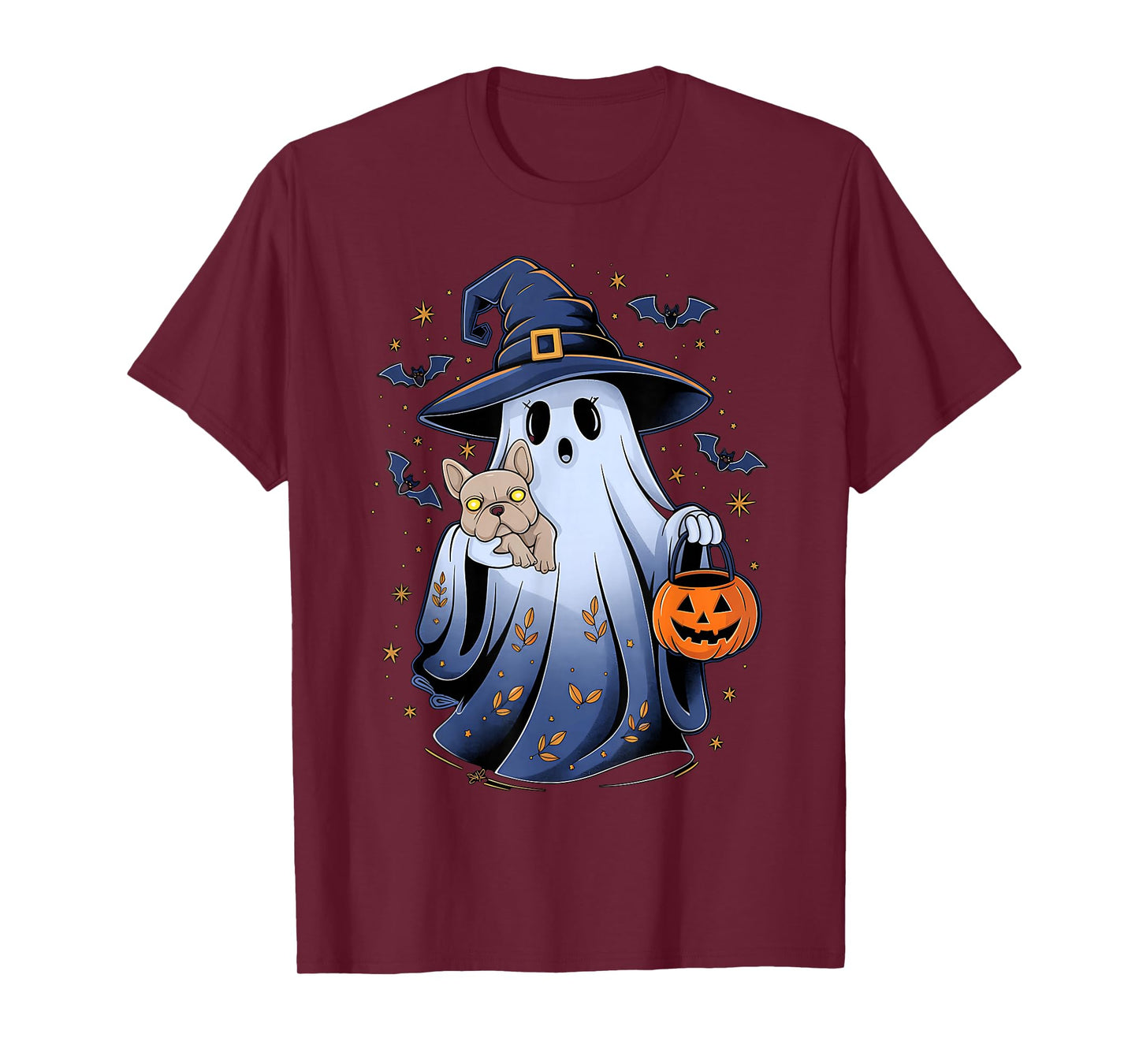 Cute Ghost Witch Holding French Bulldog Pumpkins Halloween T-Shirt