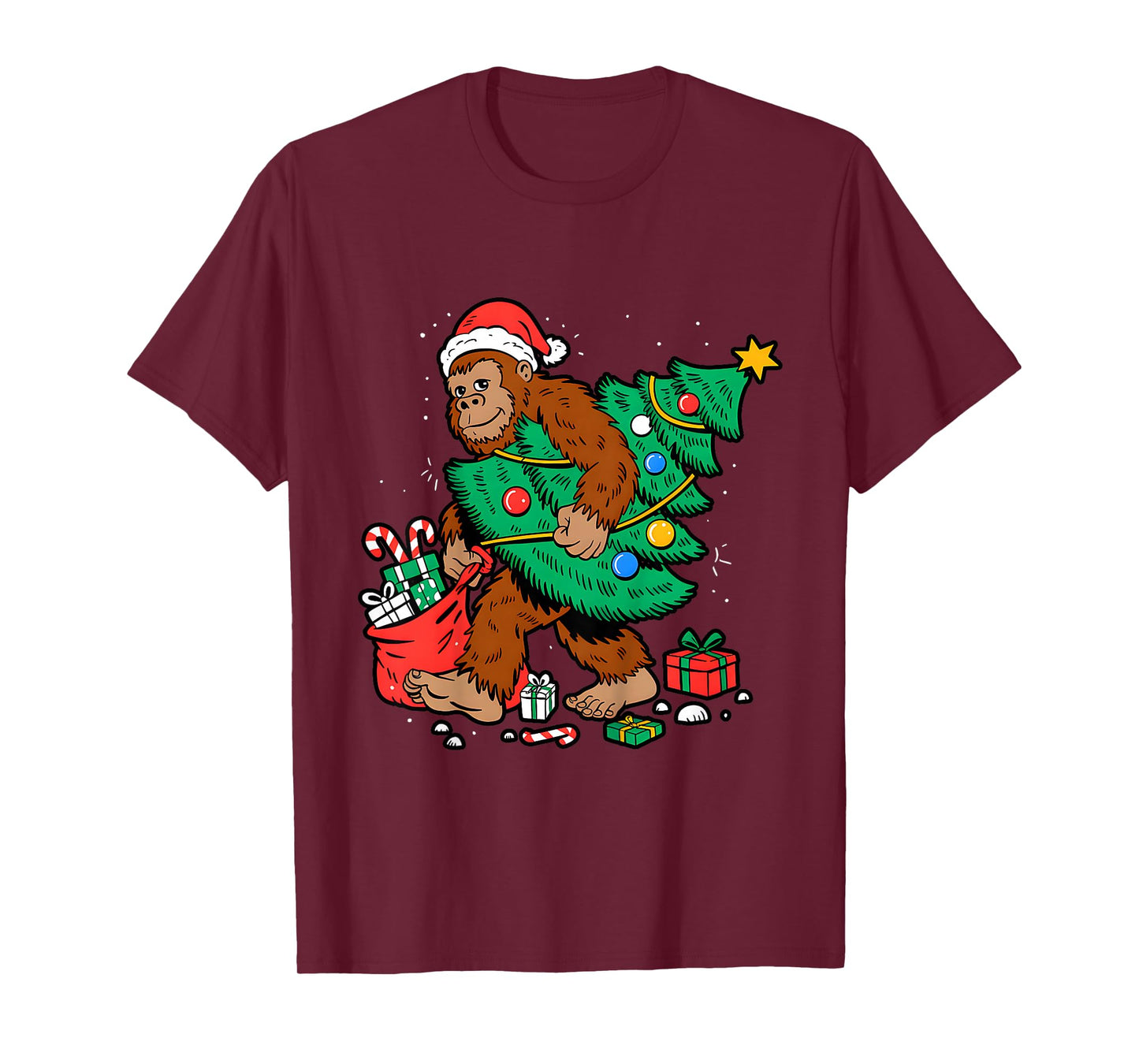 Kids Funny Bigfoot Christmas Tree Lights Xmas Boys Men Sasquax T-Shirt