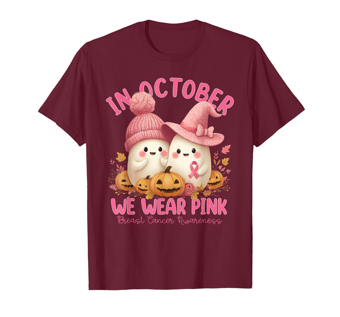 in October We Wear Pink Ghost Witch Breast Cancer Awareness T-Shirt