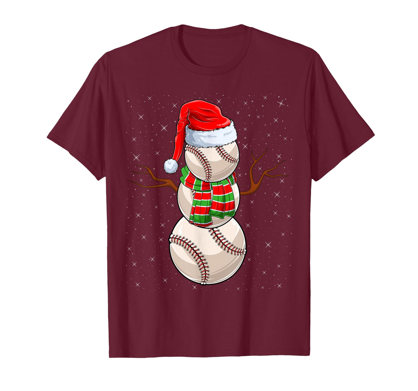 Baseball Snowman Christmas Pajamas Santa Hat Baseball Xmas T-Shirt