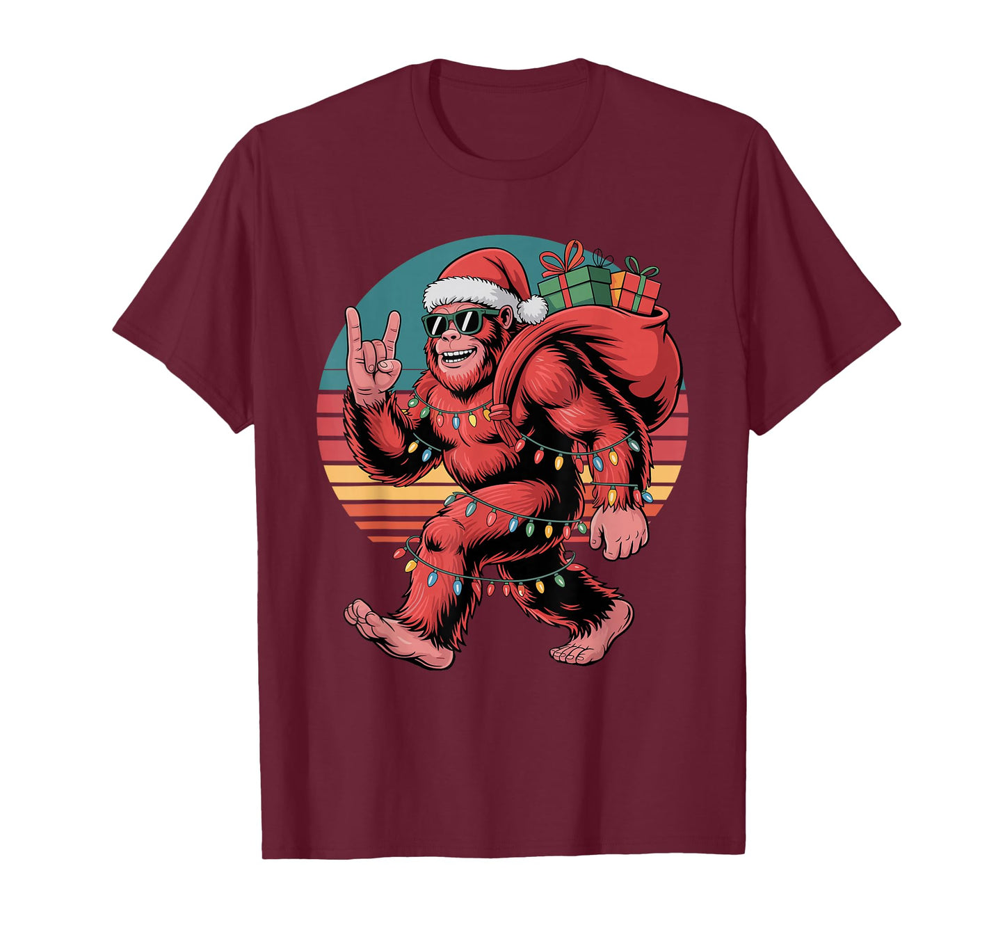 Retro Santa Bigfoot Christmas Funny Sasquatch Xmas Lights T-Shirt