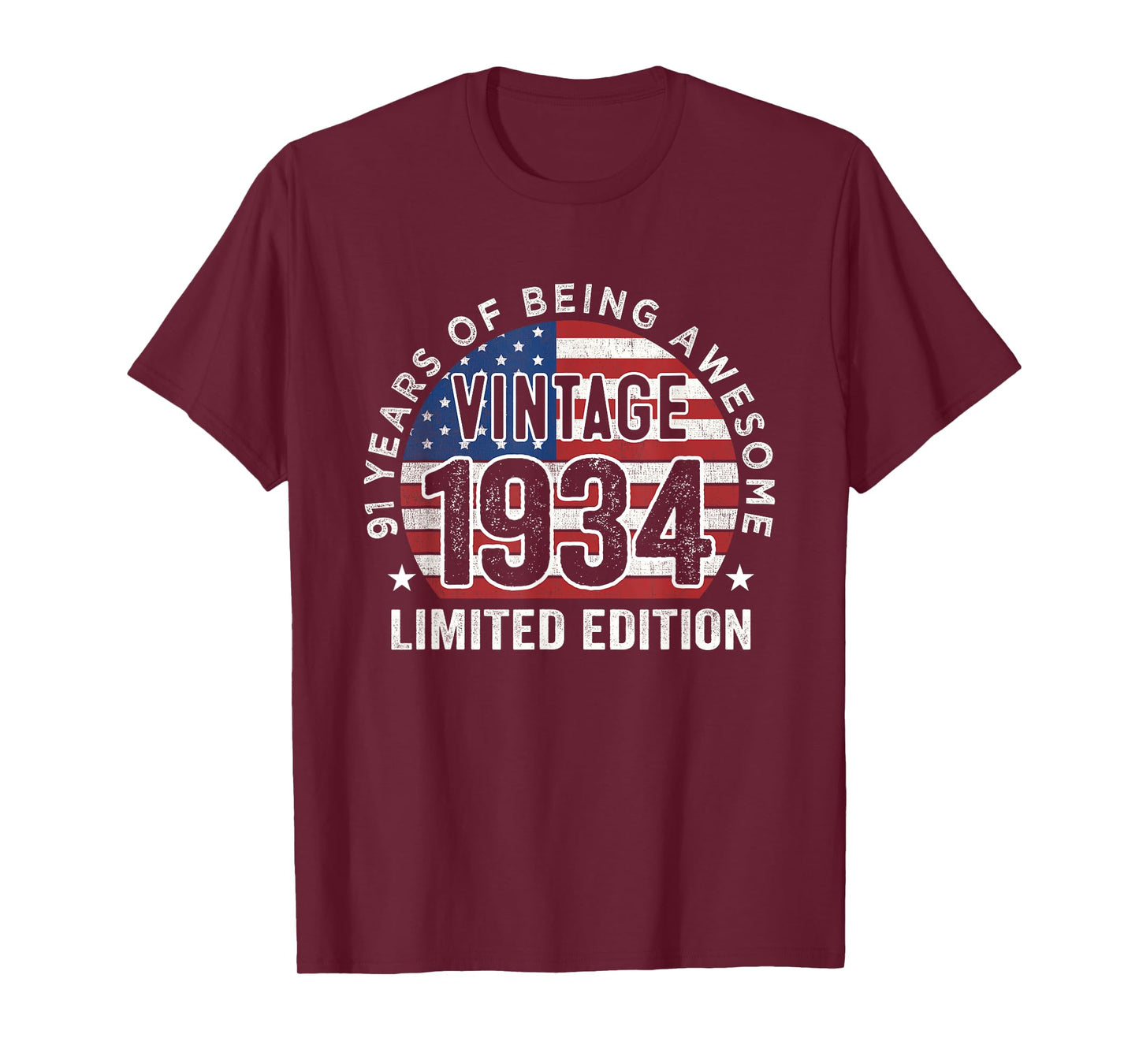 91st Birthday Gifts Men Vintage 1934 91 Years Old USA Flag T-Shirt