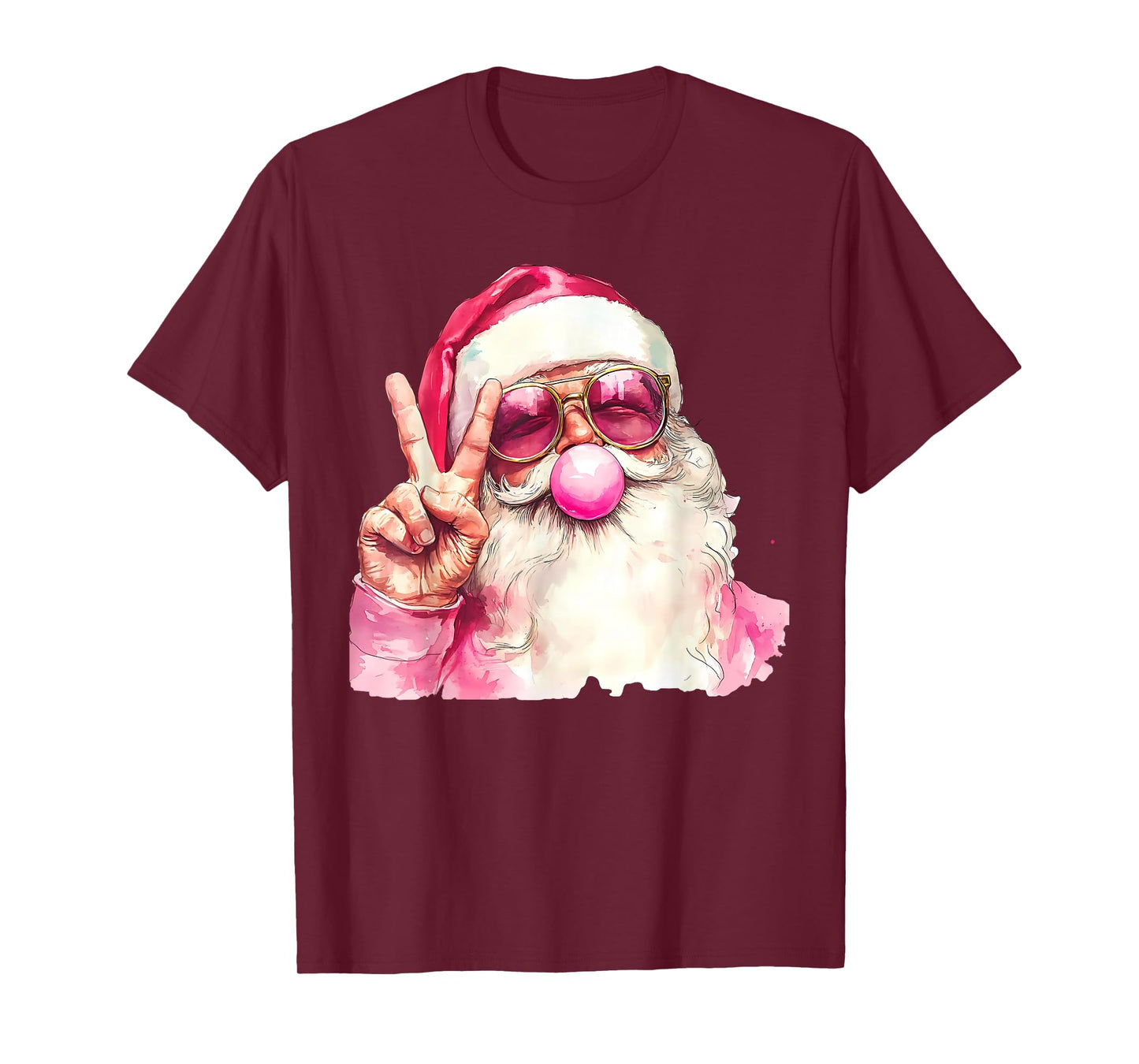 Retro Pink Santa Blowing Bubble Gum Funny Merry Christmas T-Shirt