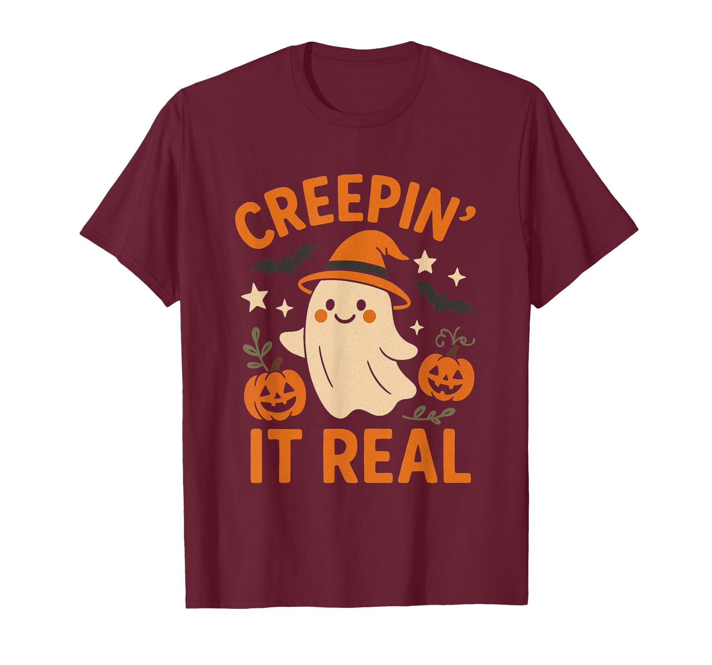 Creepin’ It Real – Cute Ghost with Pumpkins Halloween Design T-Shirt