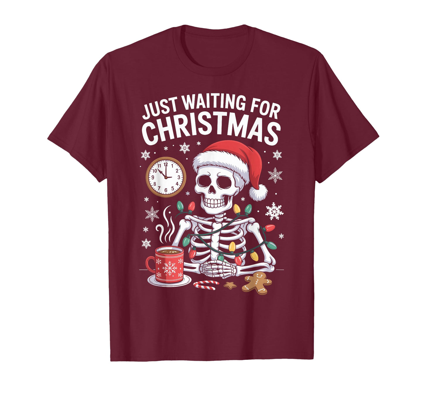 Just Waiting for Christmas Skeleton in Santa Hat Men Women T-Shirt