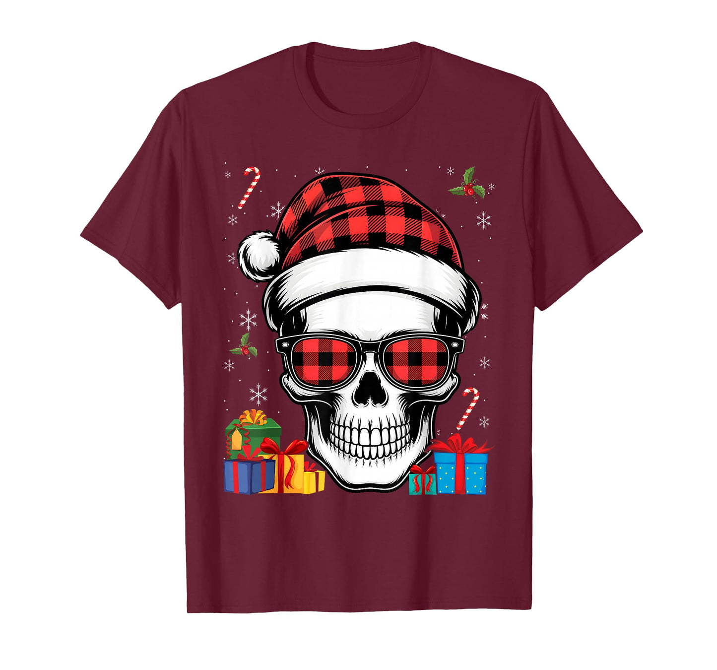 Skull Plaid Santa Hat Christmas Pajama Cool Skeleton X-Mas T-Shirt