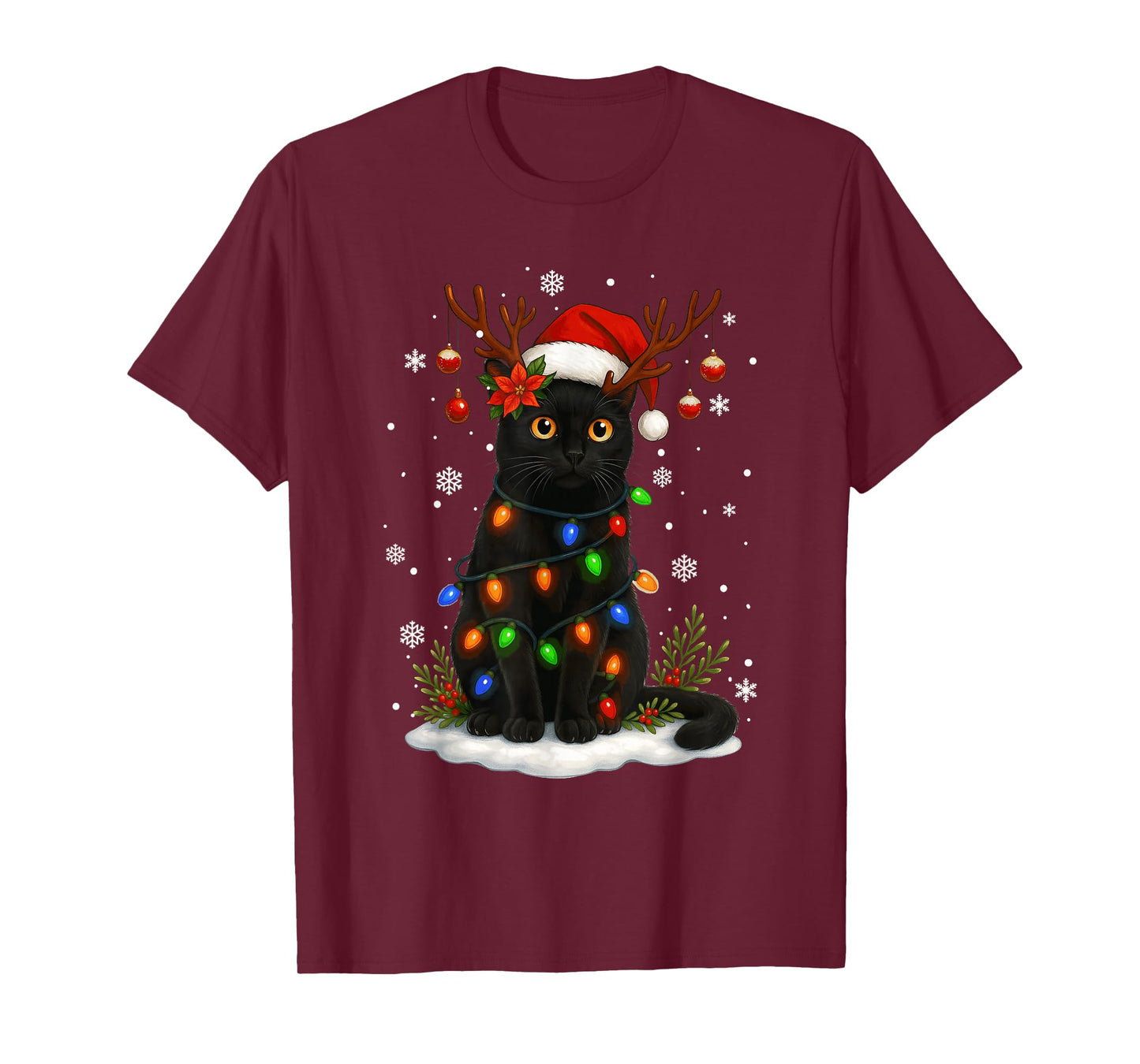 Black Cat Christmas Santa Hat Lights Funny Cats Women Mom T-Shirt