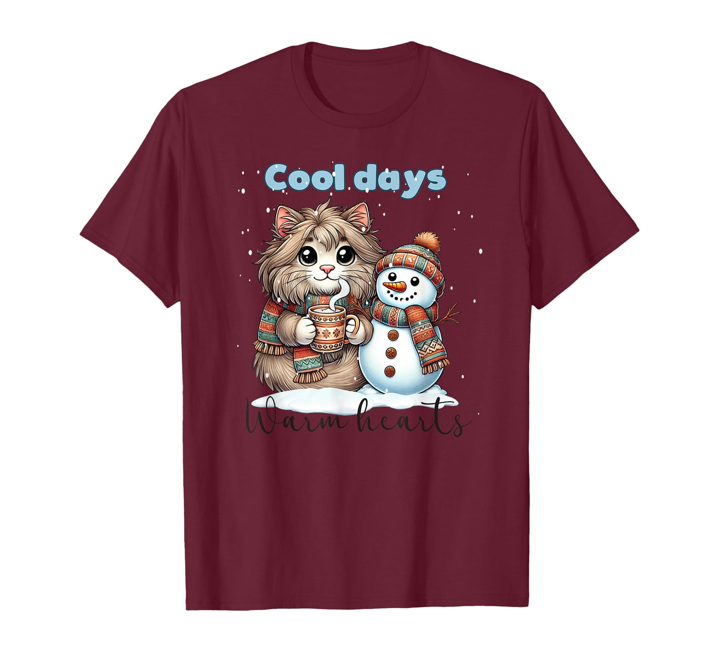 Kitty Cat and Snowman Friends Share Coffee in Winter Snow T-Shirt