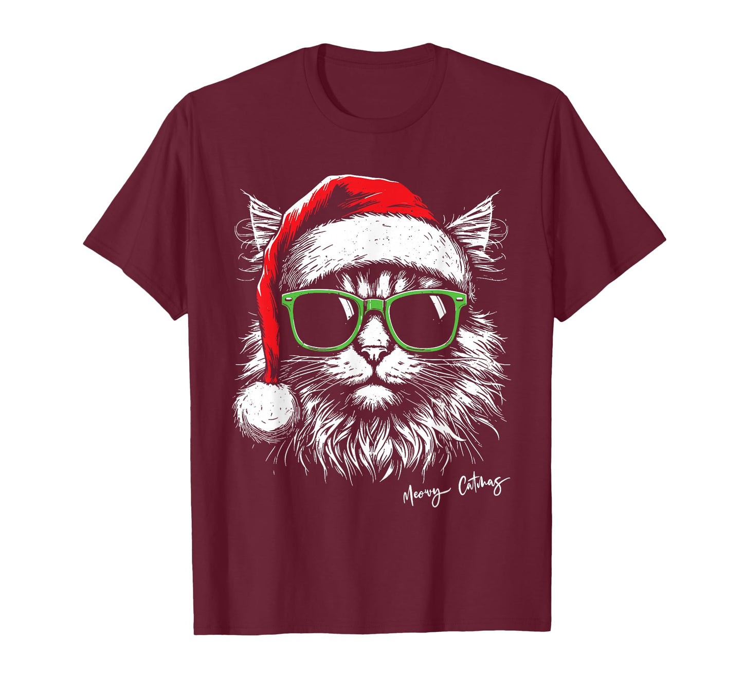 Meowy Catmas Santa Hat Cute Cat Christmas Pajamas Xmas T-Shirt