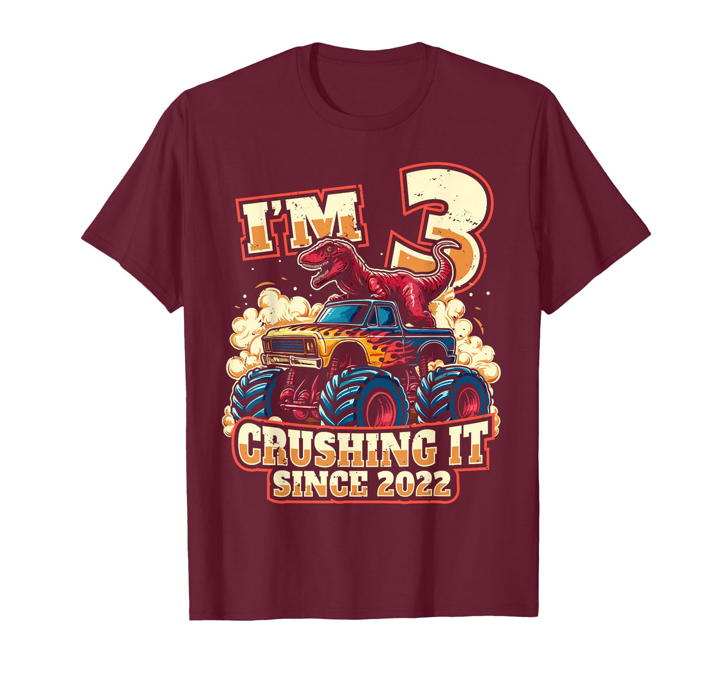 3 Year Old Boys 3rd Birthday Dinosaur Monster Truck Party T-Shirt