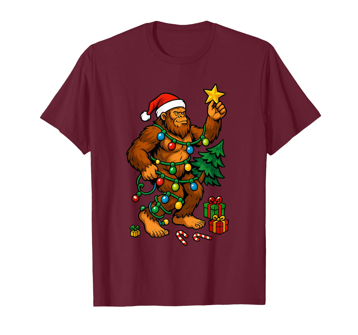 Bigfoot Tree Christmas Lights Snowflake Holiday Candy Xmas T-Shirt