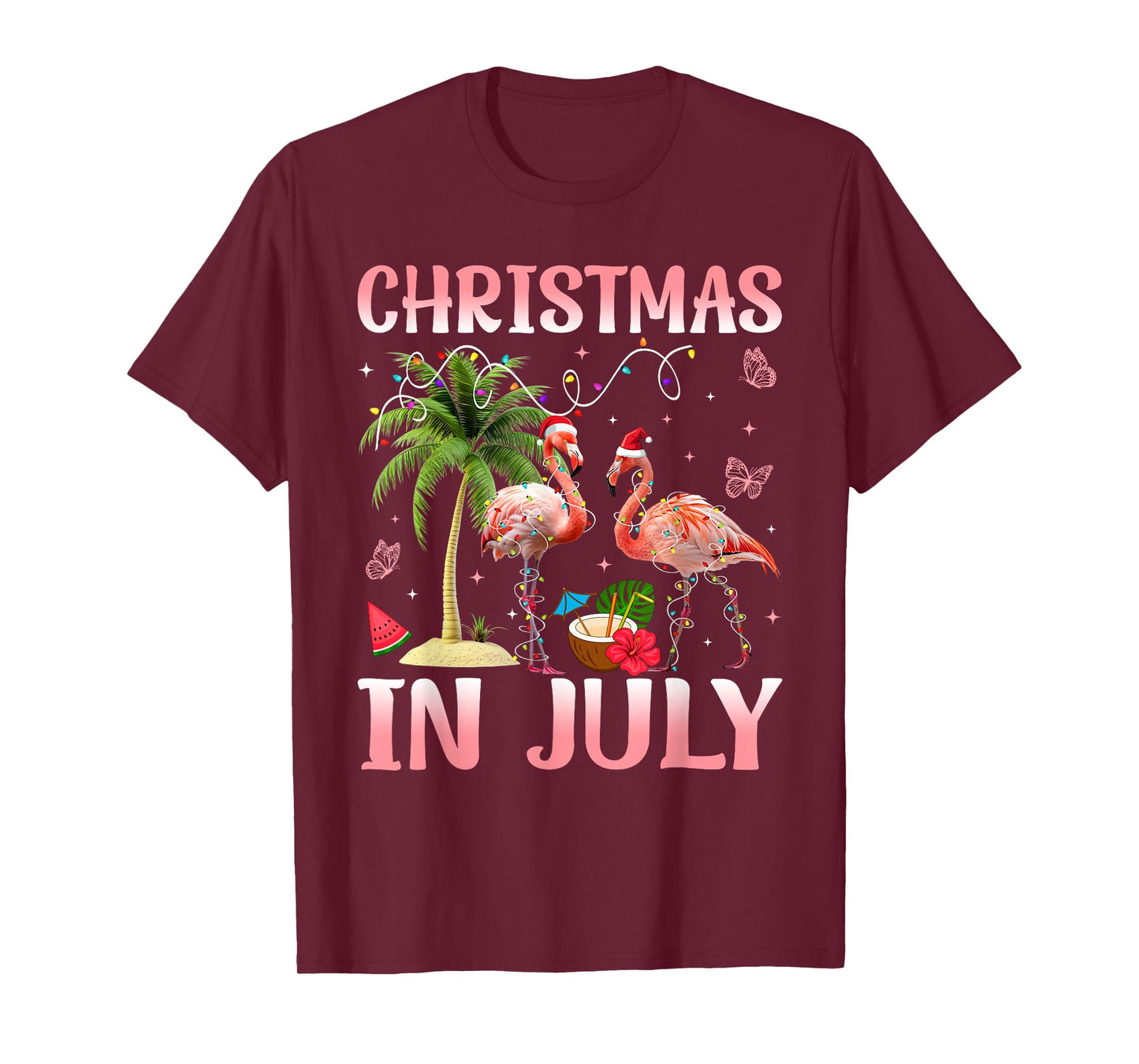 Christmas in July Pink Flamingo Santa Hat Christmas Lights T-Shirt