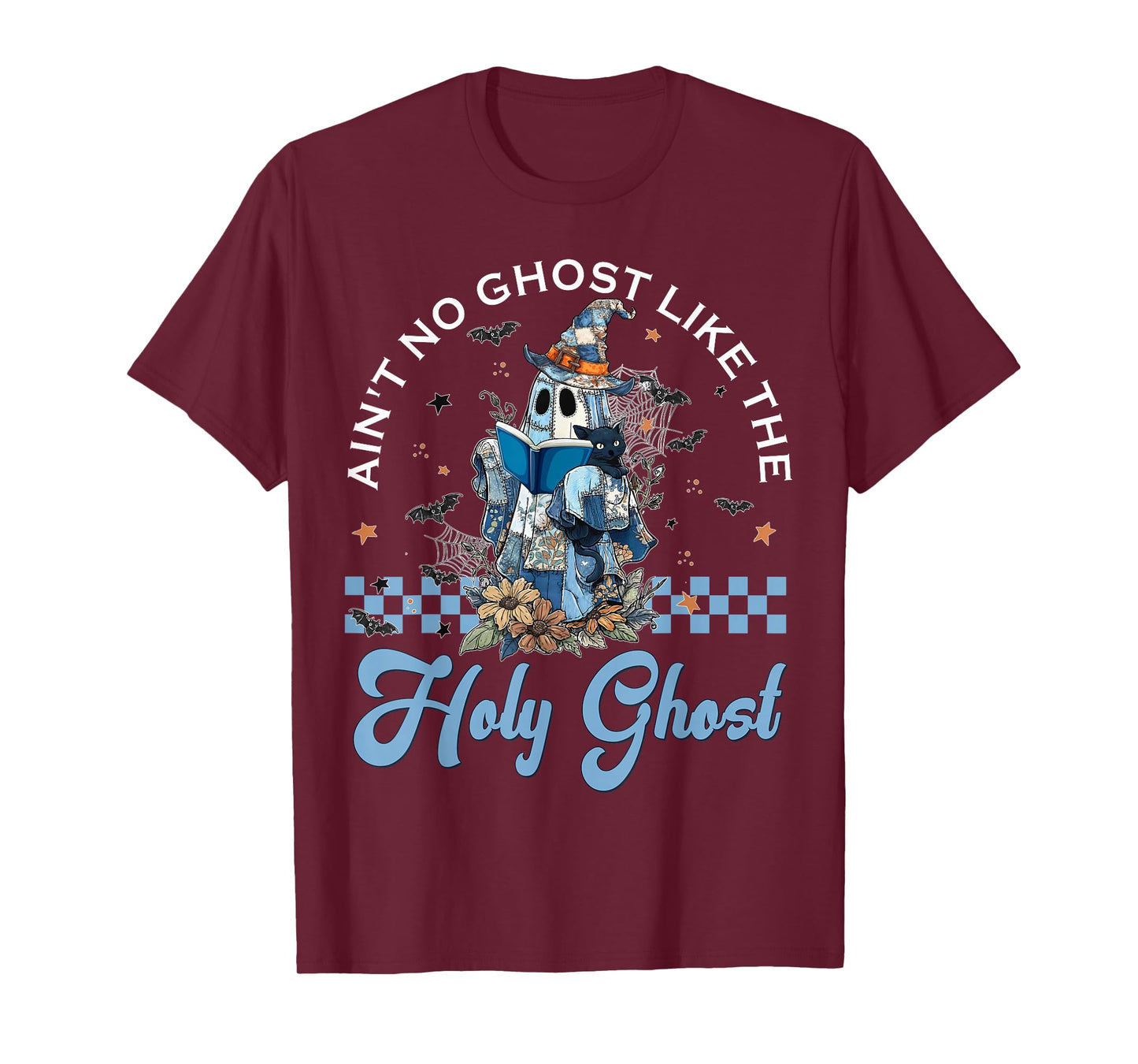 Retro Checkered Floral Denim Ghost Black Cat Witch Halloween T-Shirt