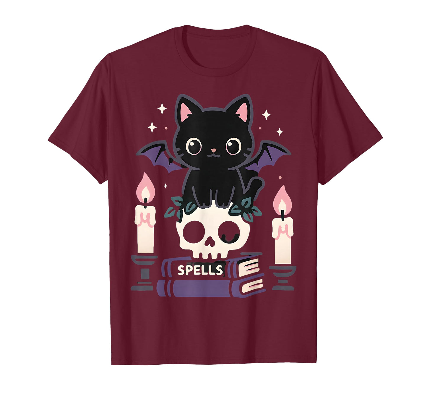 Cute Black Cat with Bat Wings and Spells Design 4 Halloween T-Shirt