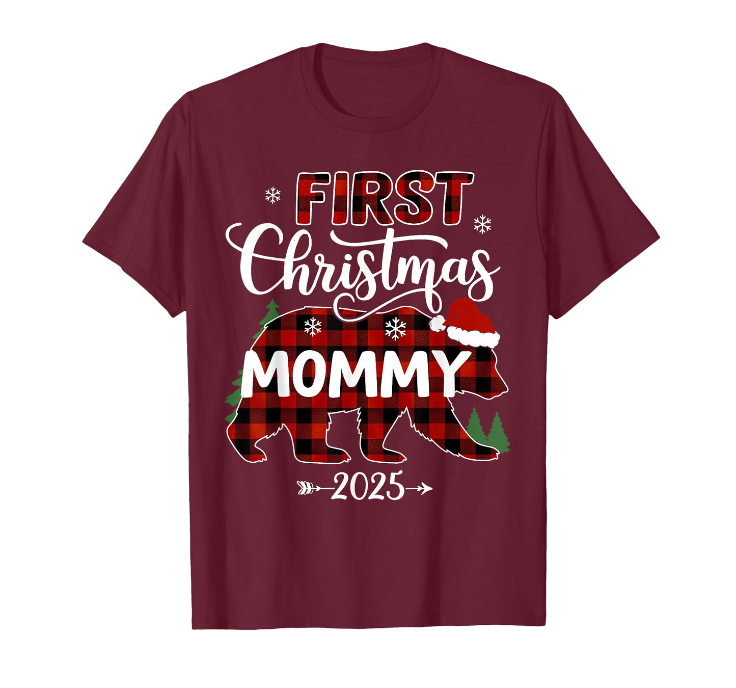 Pregnancy First Christmas Mommy Red Plaid Bear Santa 2025 T-Shirt