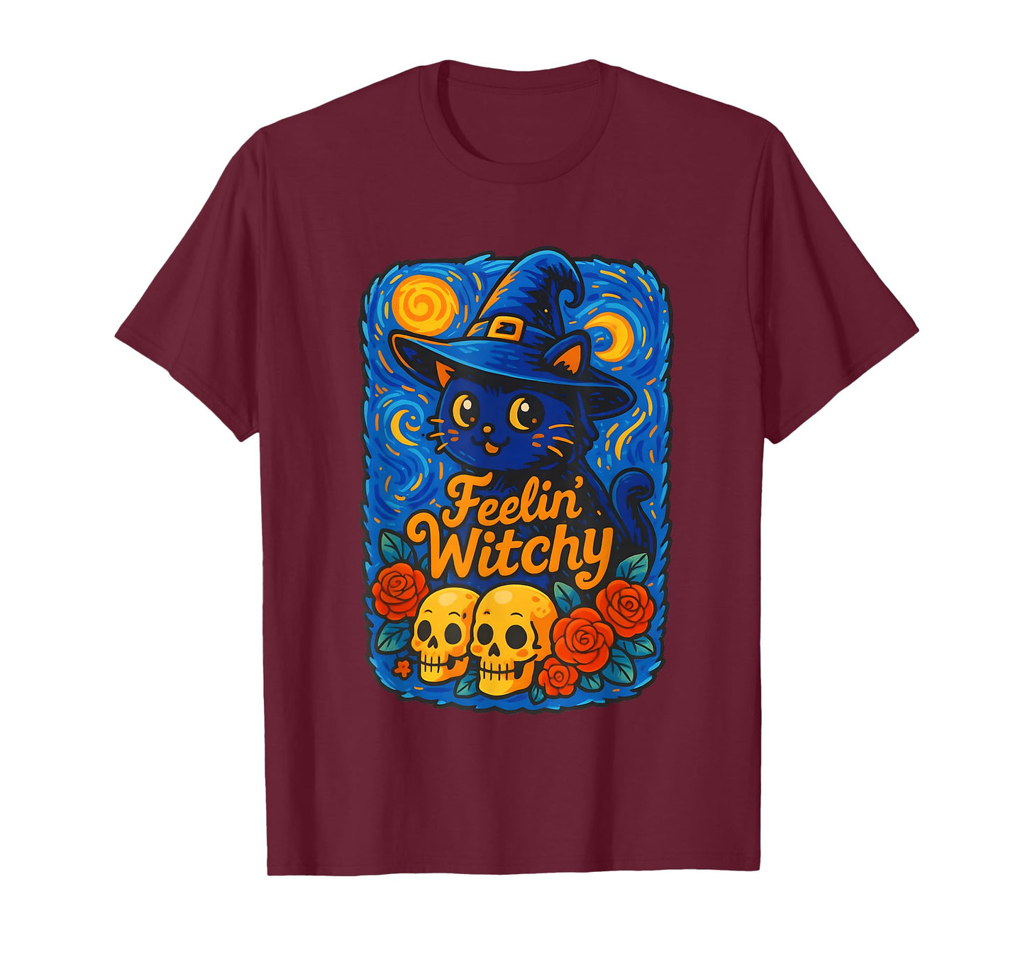 Hallowen Black Cat Witch Hat with Skulls & Roses T-Shirt