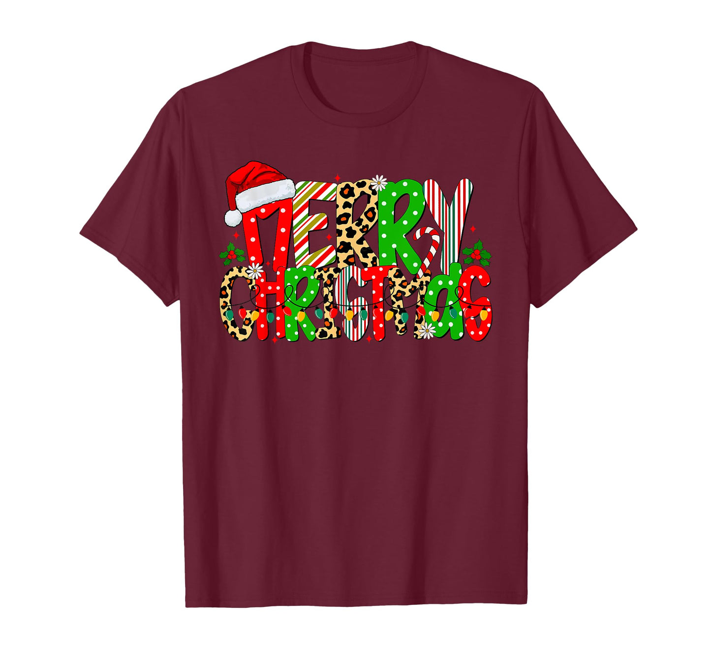 Retro Merry Christmas Lights Santa Leopard Men Women Kids T-Shirt