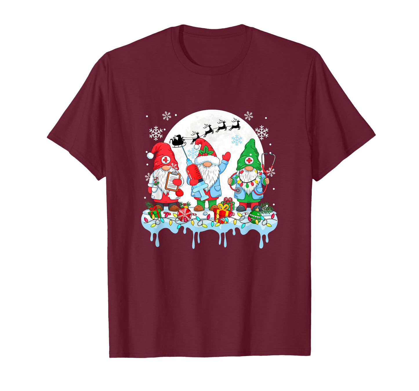 Three Colorful Gnomes with Nurse Tools Christmas Nursing T-Shirt