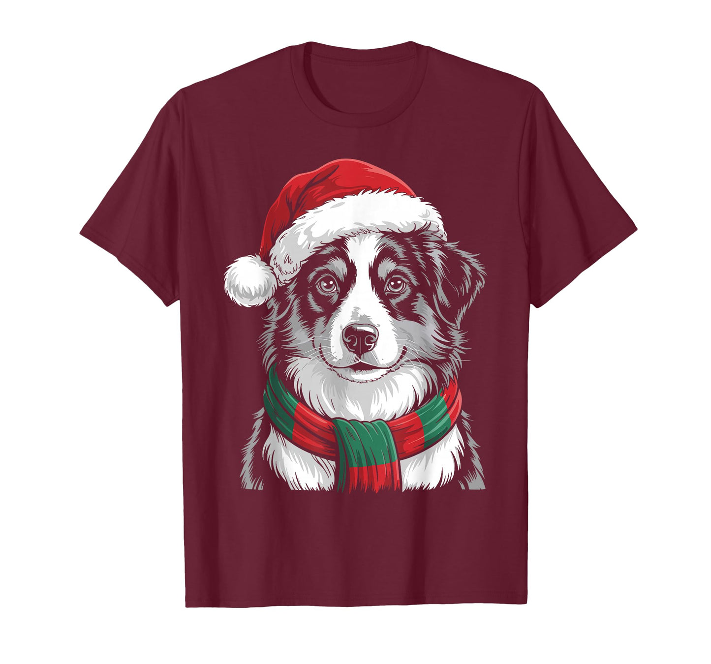 Australian Shepherd Dog Santa Hat Scarf Christmas Costume T-Shirt