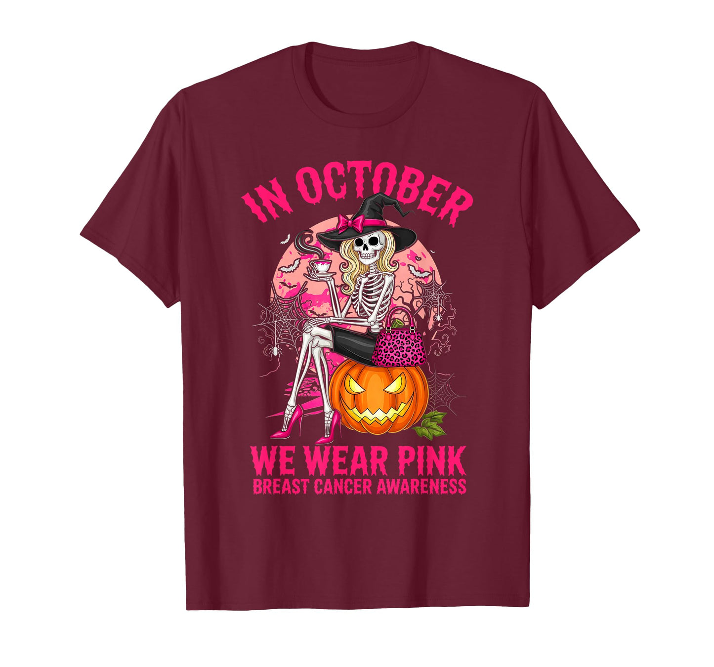Halloween Breast Cancer Awareness Spooky Skeleton Witch T-Shirt