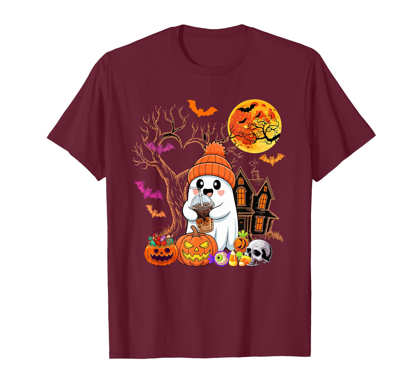 Boo Drinking Coffee Halloween Carved Pumpkin Funny Parties T-Shirt