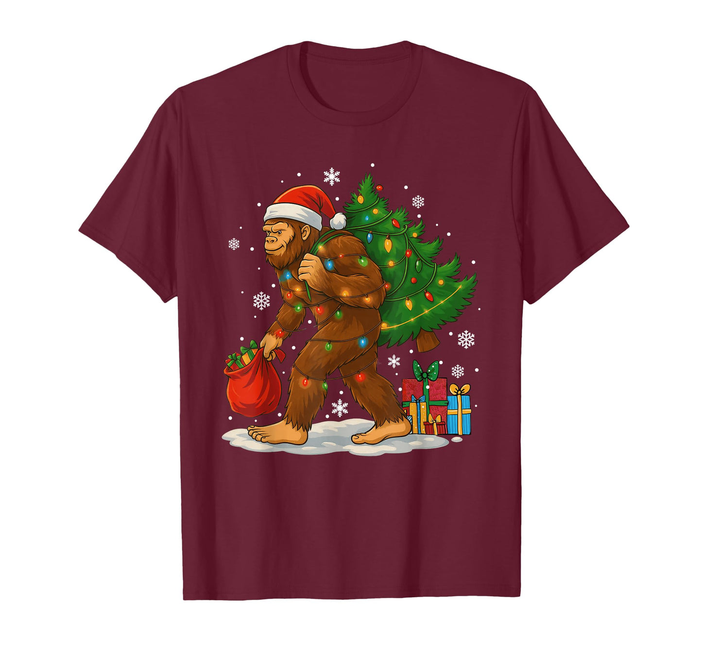 Christmas Bigfoot Santa Hat Tree Lights Xmas Boys Men Kids T-Shirt