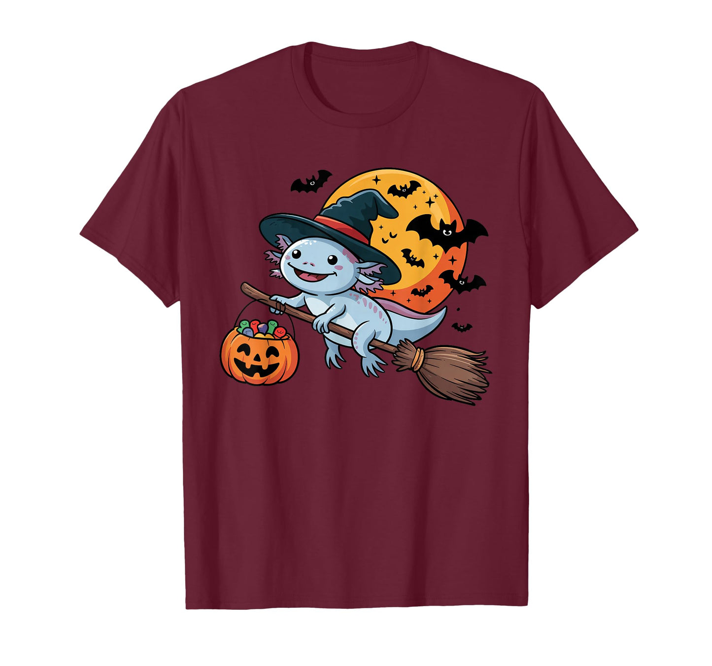 Cute Axolotl Witch Riding Broom Halloween Pumpkin Kids Boys T-Shirt