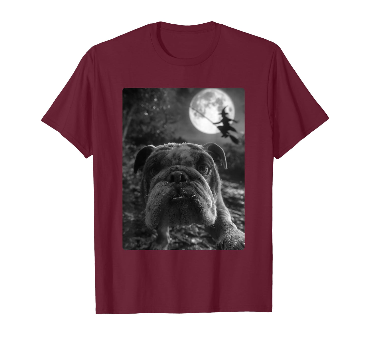 British Bulldog Selfie Full Moon Flying Witch Halloween Dog T-Shirt