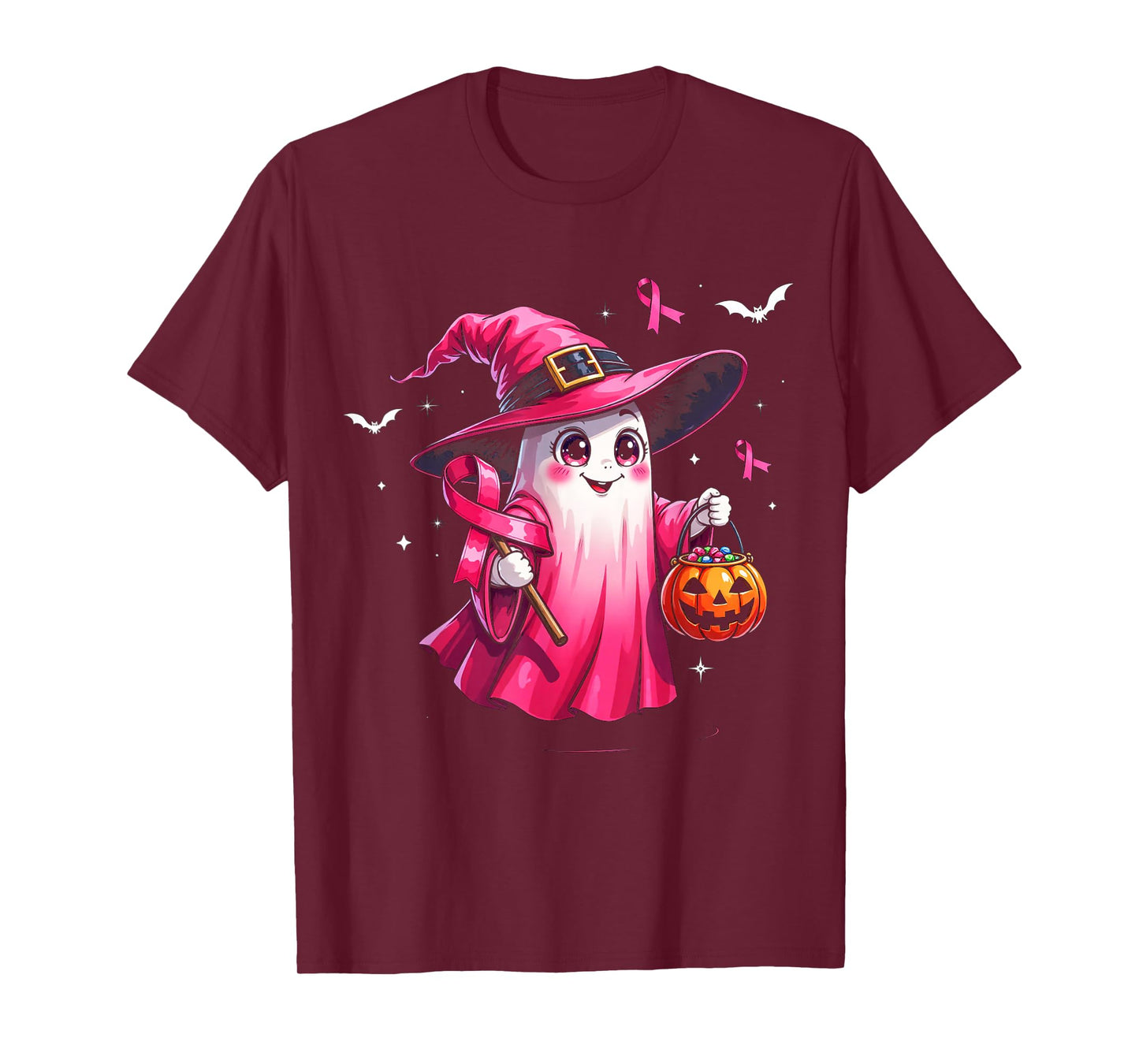 Cute Pink Ghost with Witch Hat Breast Cancer Awareness 2025 T-Shirt