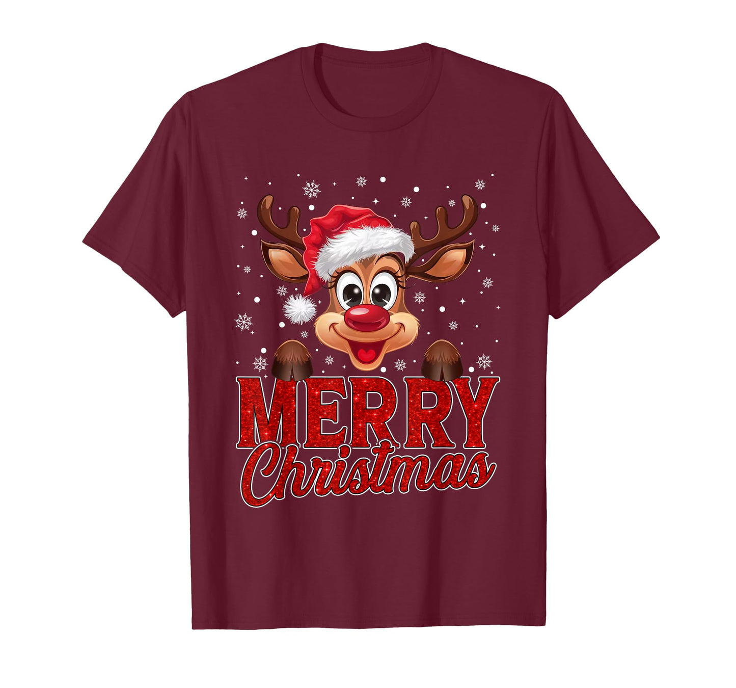 Merry Christmas Rudolph Reindeer Santa Hat Xmas Snowflakes T-Shirt