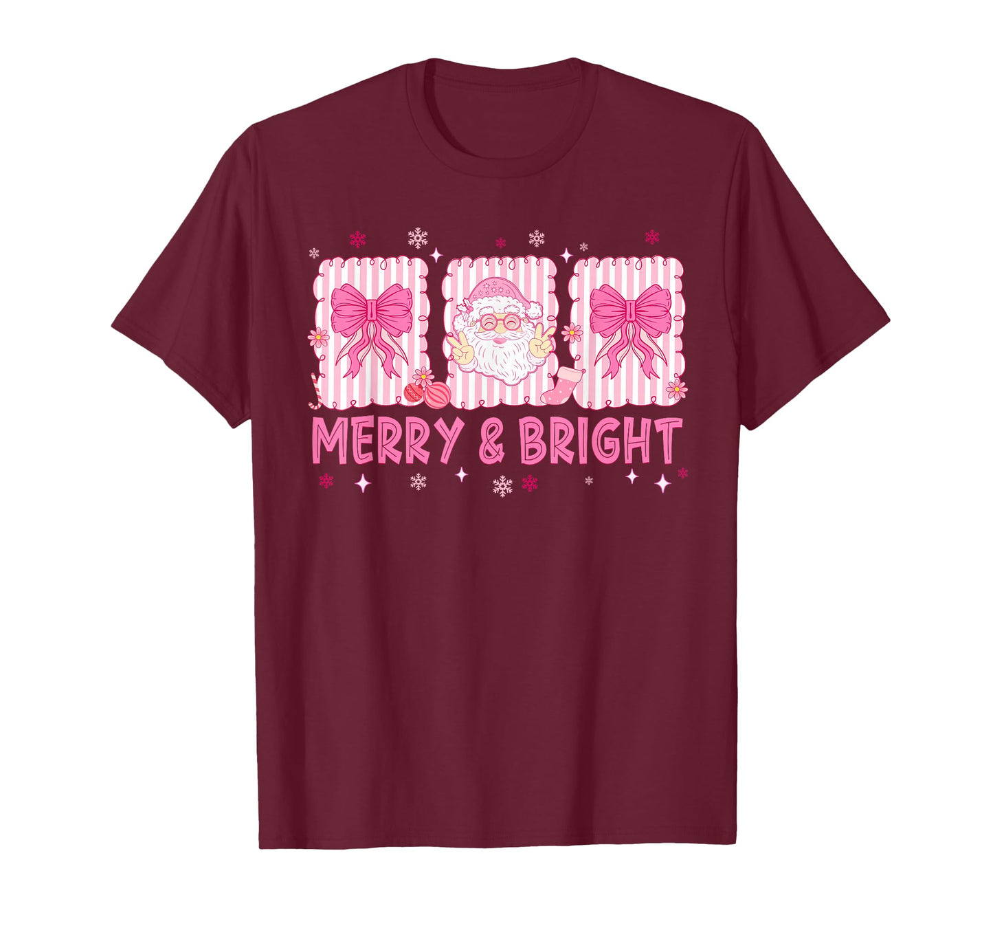 Preppy Merry and Bright Pink Santa Coquette Bow Girl Women T-Shirt