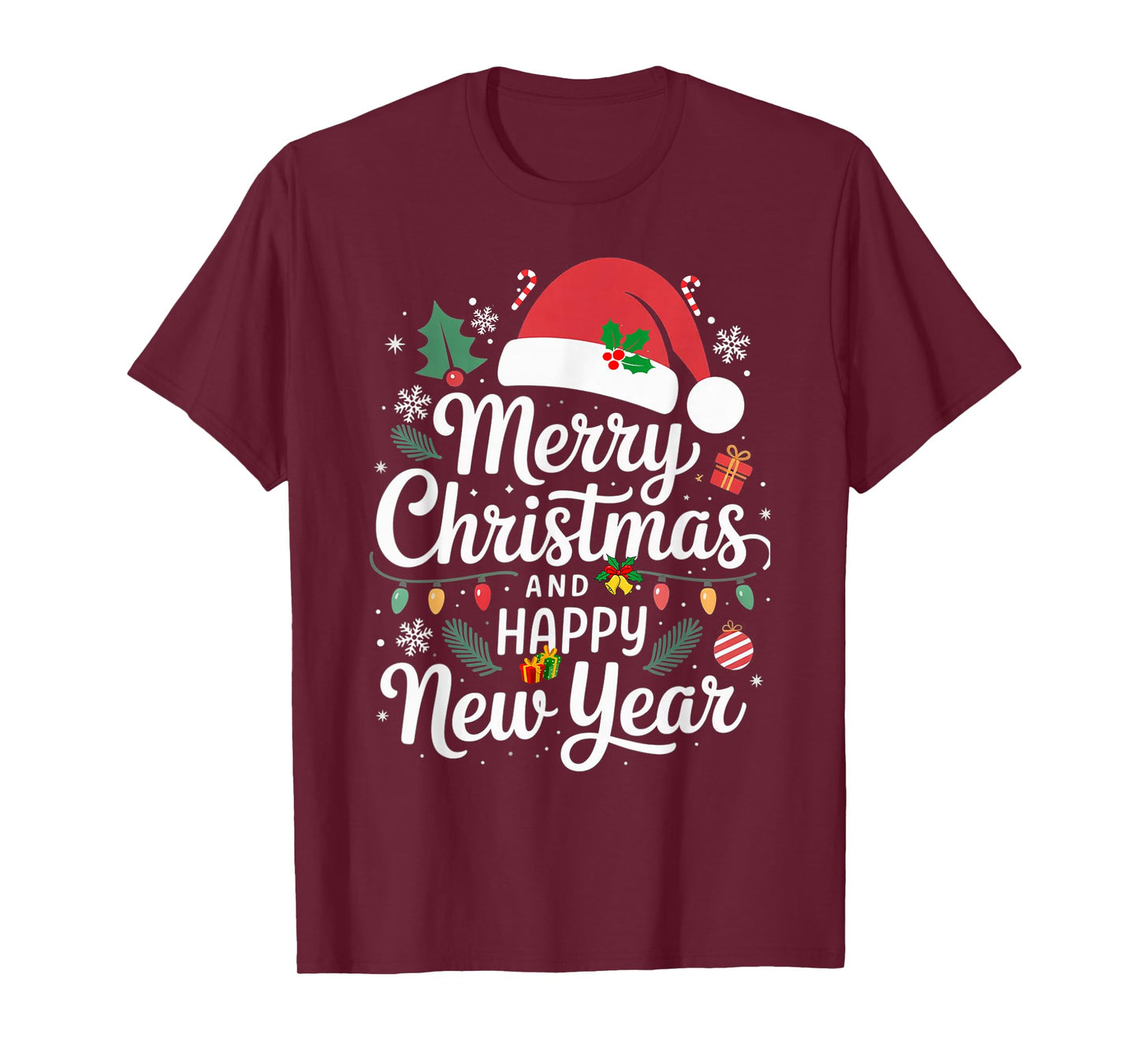 Merry Christmas Lights Red Santa Hat and Happy New Year T-Shirt