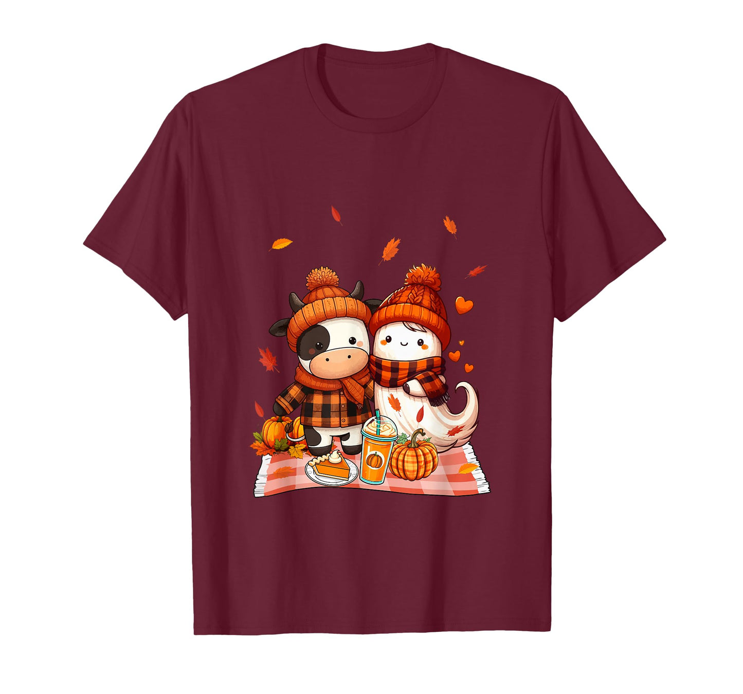 Cow with Boo Halloween Thanksgiving Fall Leaves Pumpkins T-Shirt