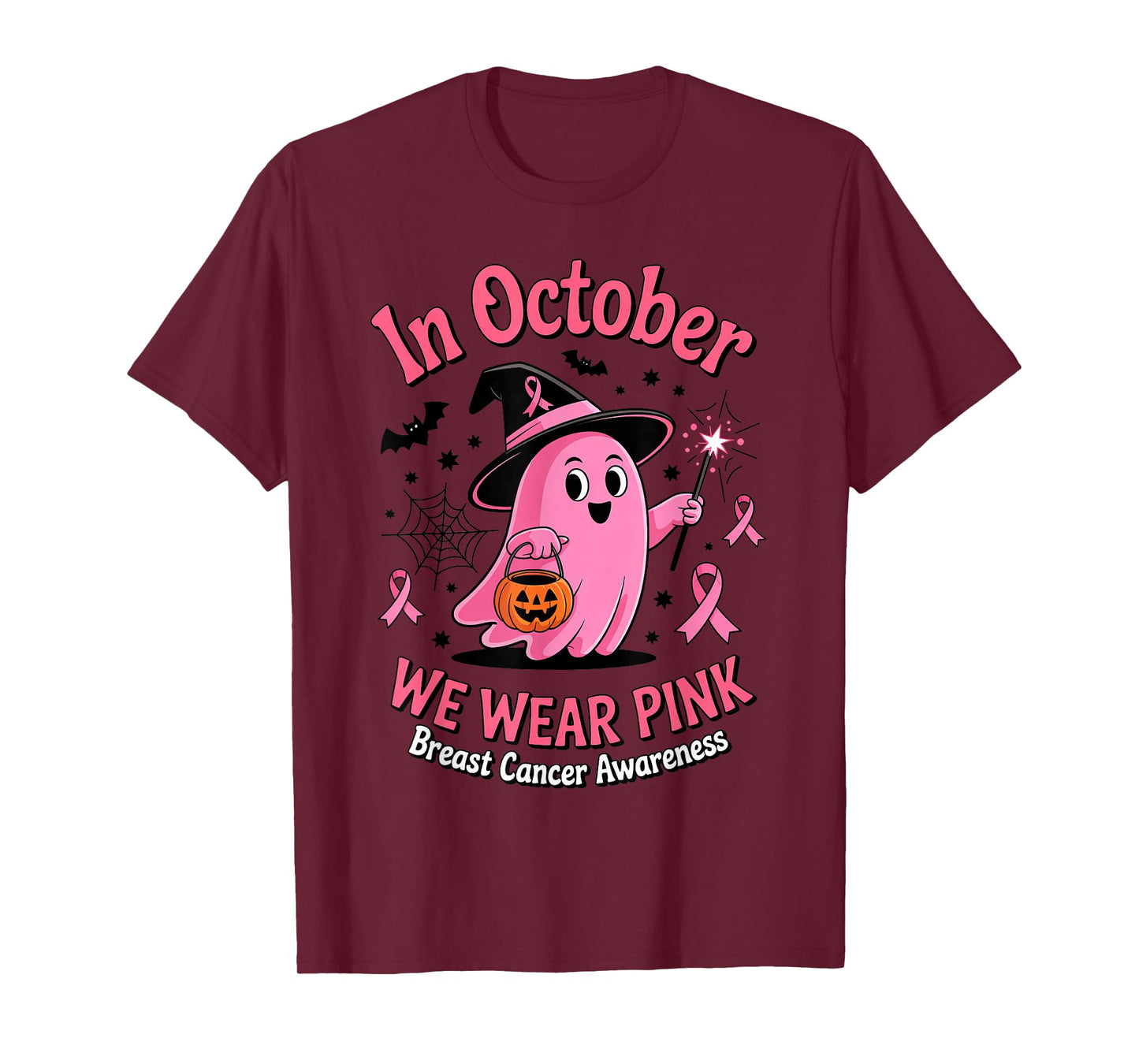 Cute Ghost Witch Pumpkin Breast Cancer Awareness Pink Ribbon T-Shirt