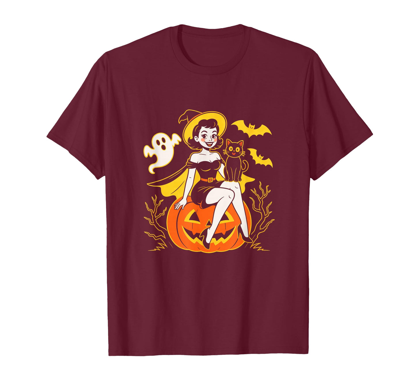 Retro Halloween Pin Up Witch Black Cat Jack O Lantern T-Shirt