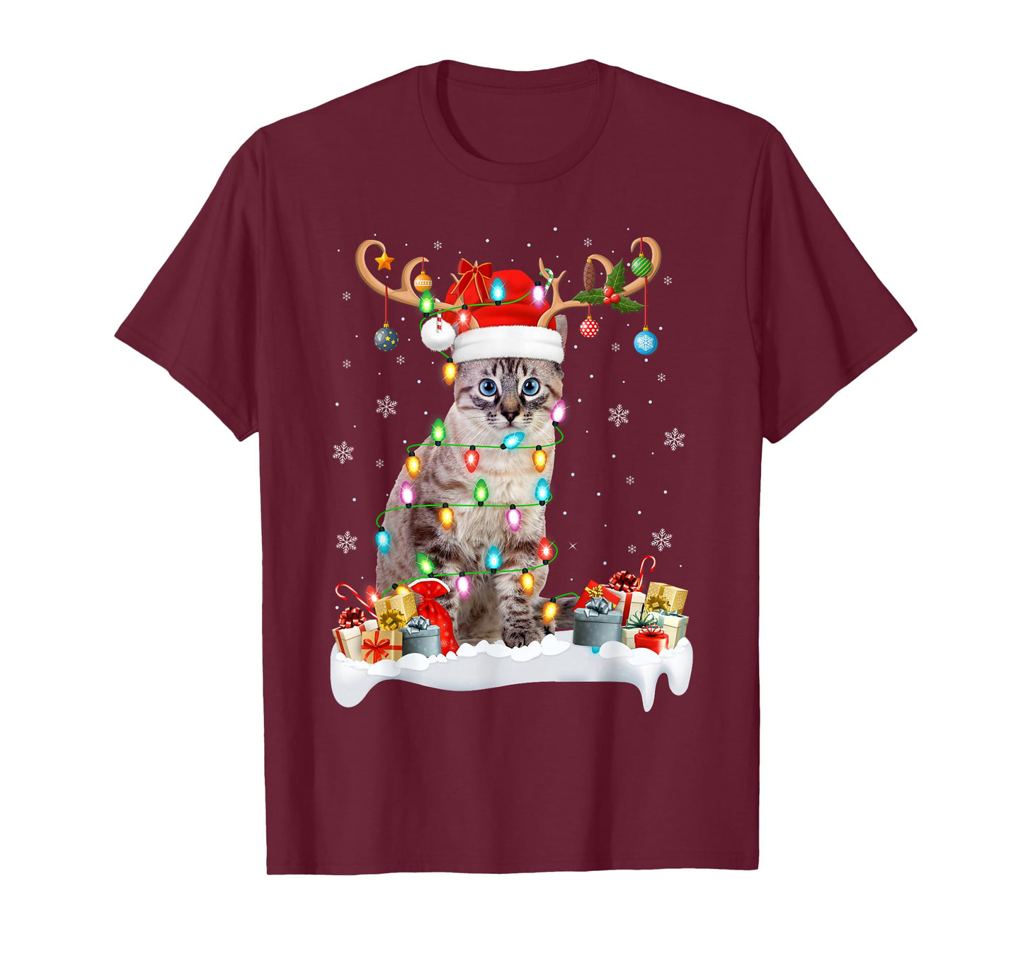 Cat Christmas Lights Santa Hat Pet Cat Lover Xmas Family T-Shirt
