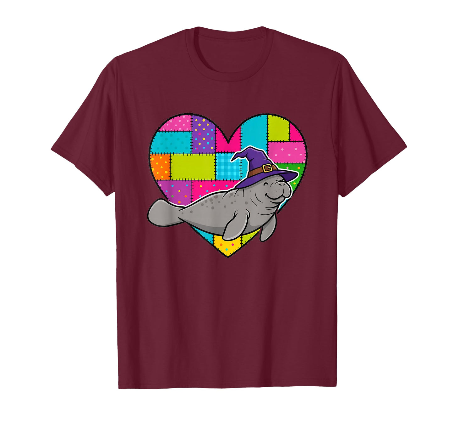 Manatee Witch Hat Patchwork Heart Halloween Autumn Fall T-Shirt