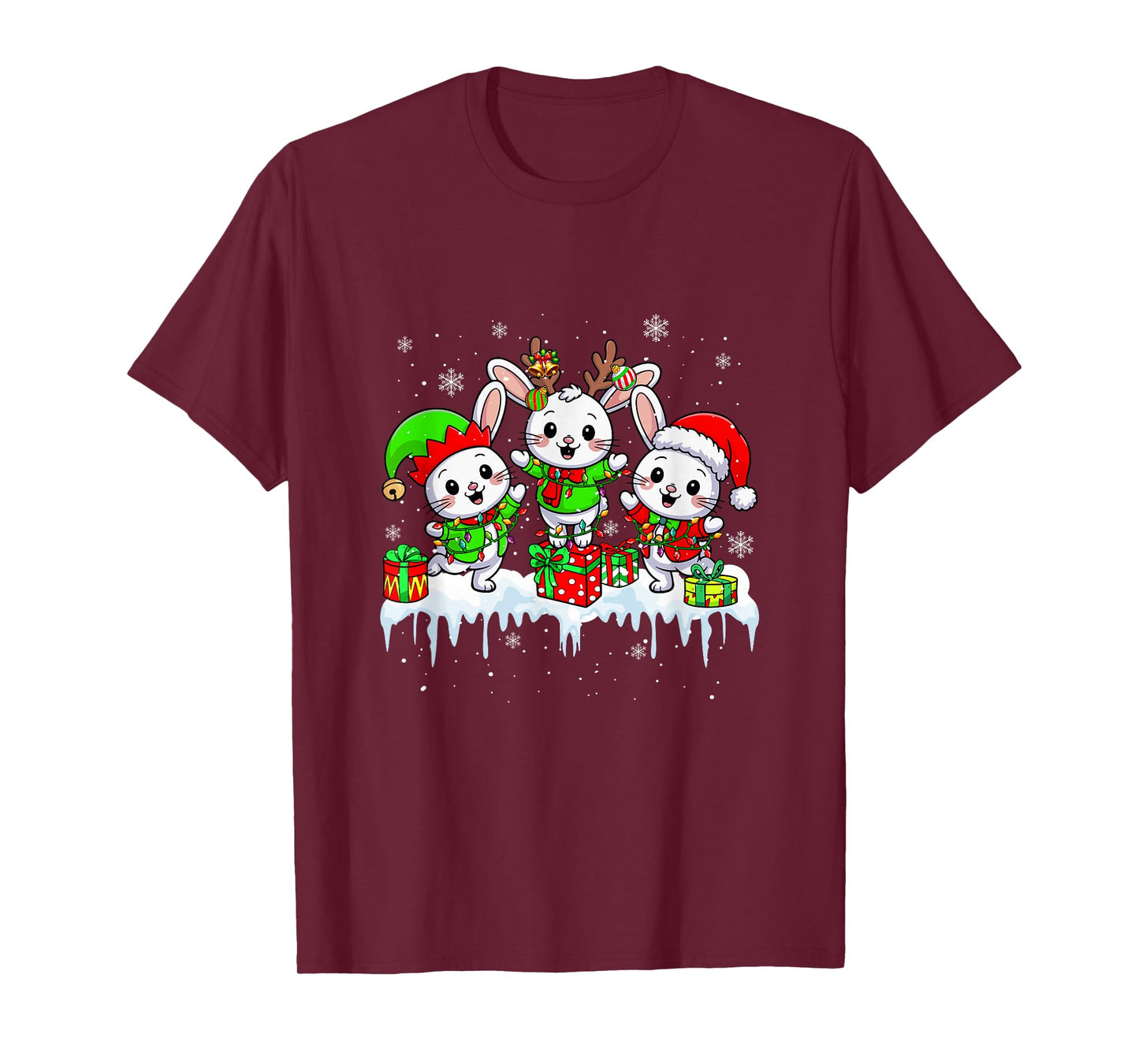 Three Santa Reindeer Elf Rabbits Christmas Colorful Lights T-Shirt