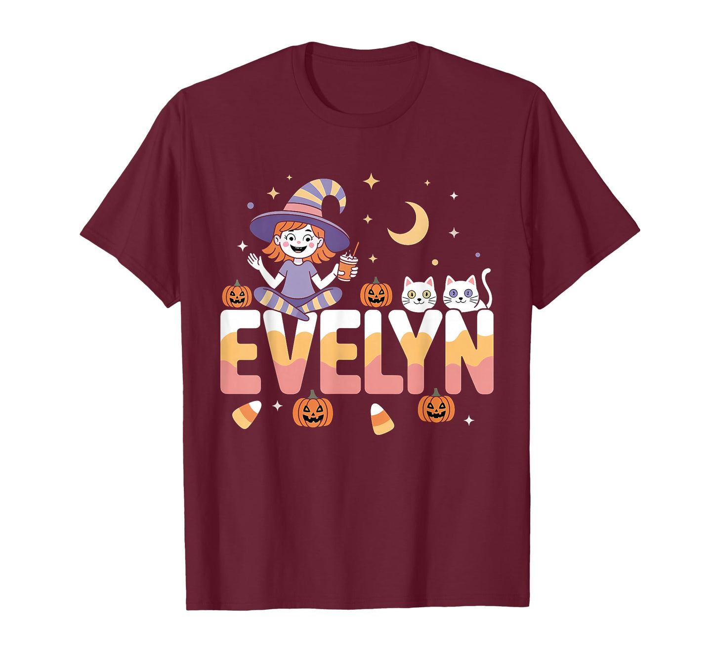 Evelyn Witch Candy Corn Cat Halloween Women and Girls T-Shirt