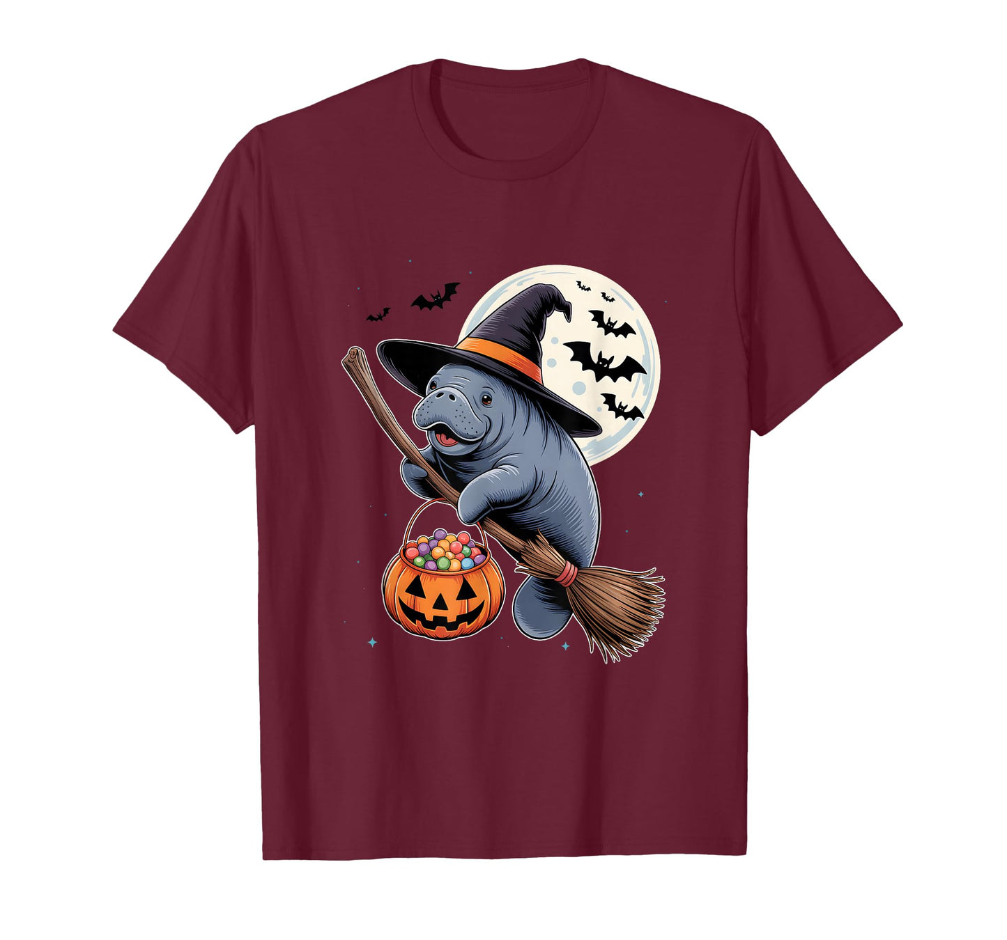 Manatee Witch Hat Riding Broomstick Pumpkin Halloween Animal T-Shirt