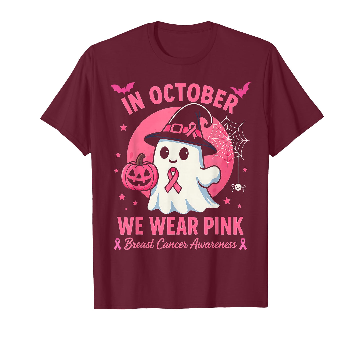 in October We Wear Pink Ghost Witch Breast Cancer Awareness T-Shirt