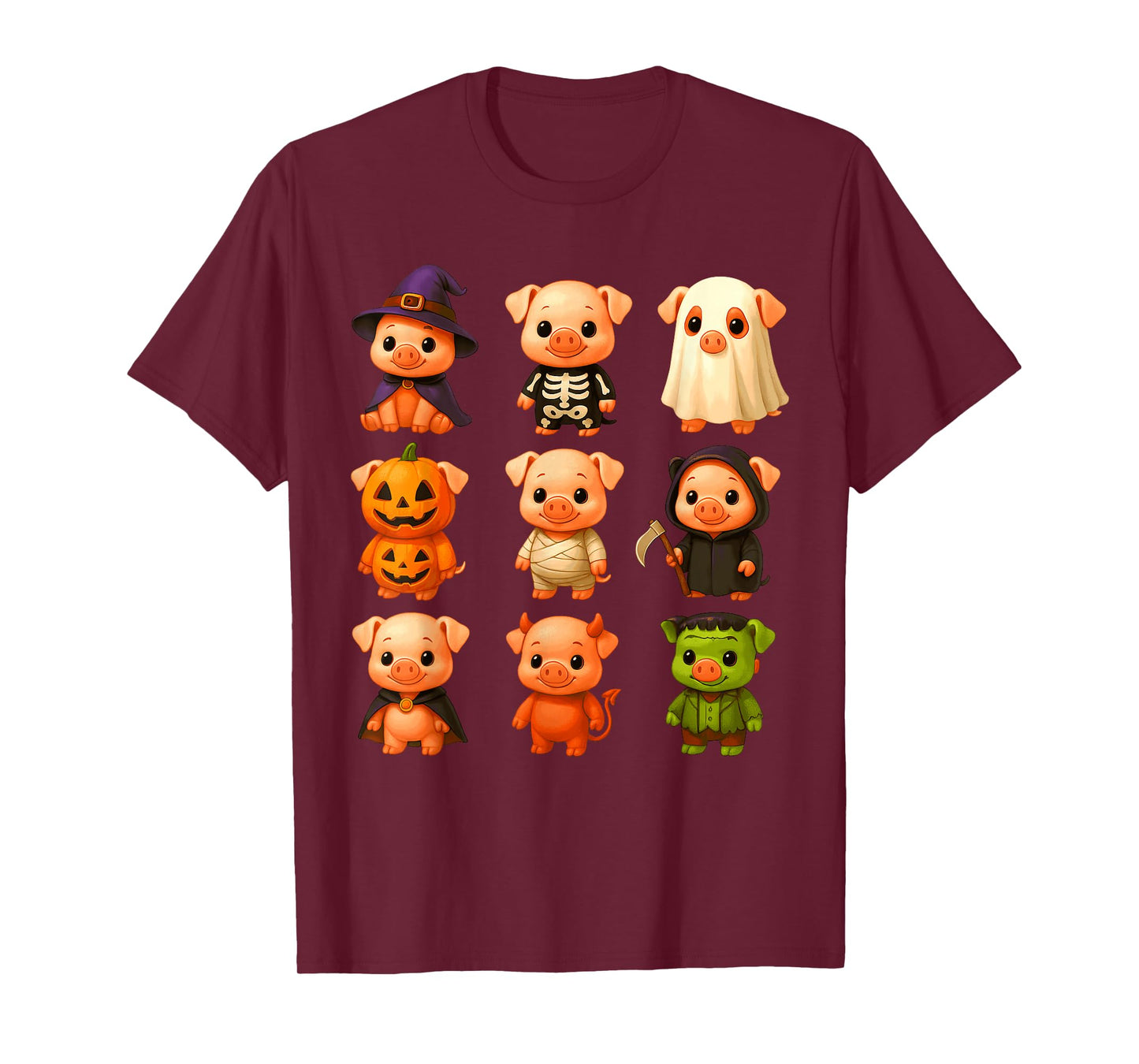 Pigs in Witch Skeleton Ghost Costume Happy Halloween Day T-Shirt