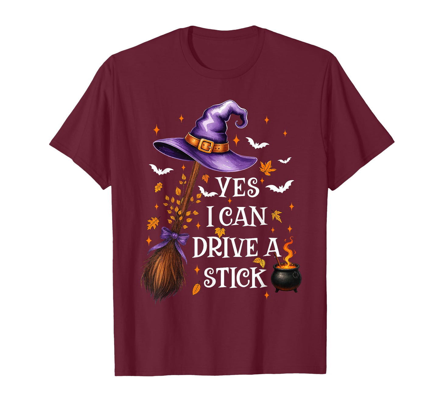 Yes I Can Drive A Stick Funny Halloween Spooky Witch Women T-Shirt
