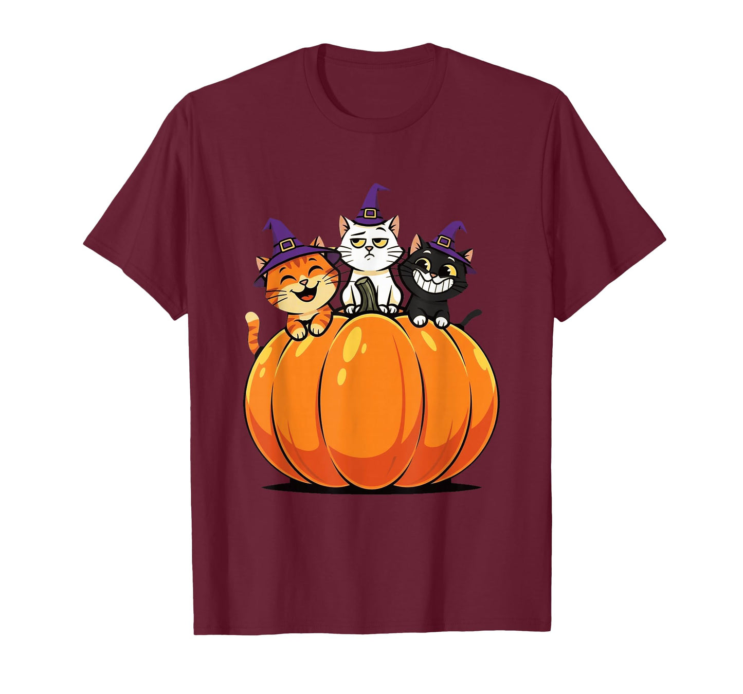 Three Witch Cats on Pumpkin - Funny Halloween Cat Lover T-Shirt