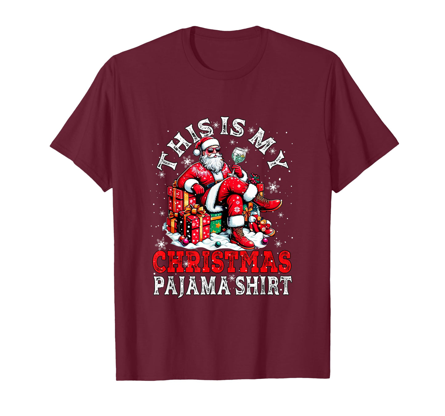 My Christmas Pajama Shirt Santa Sunglasses Drinking Gin T-Shirt