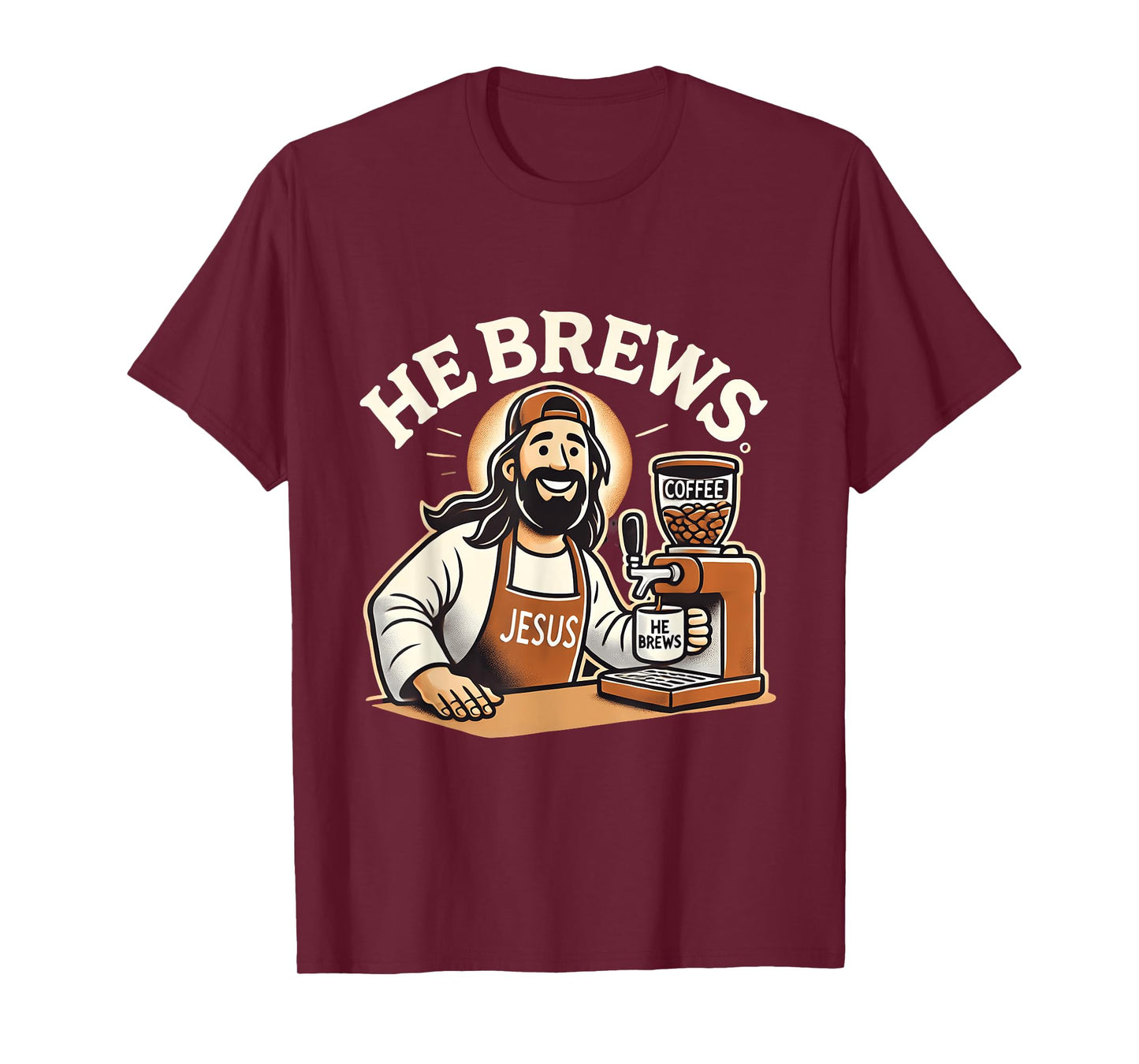 He Brews Coffee Jesus Cartoon Fun Christian Design T-Shirt